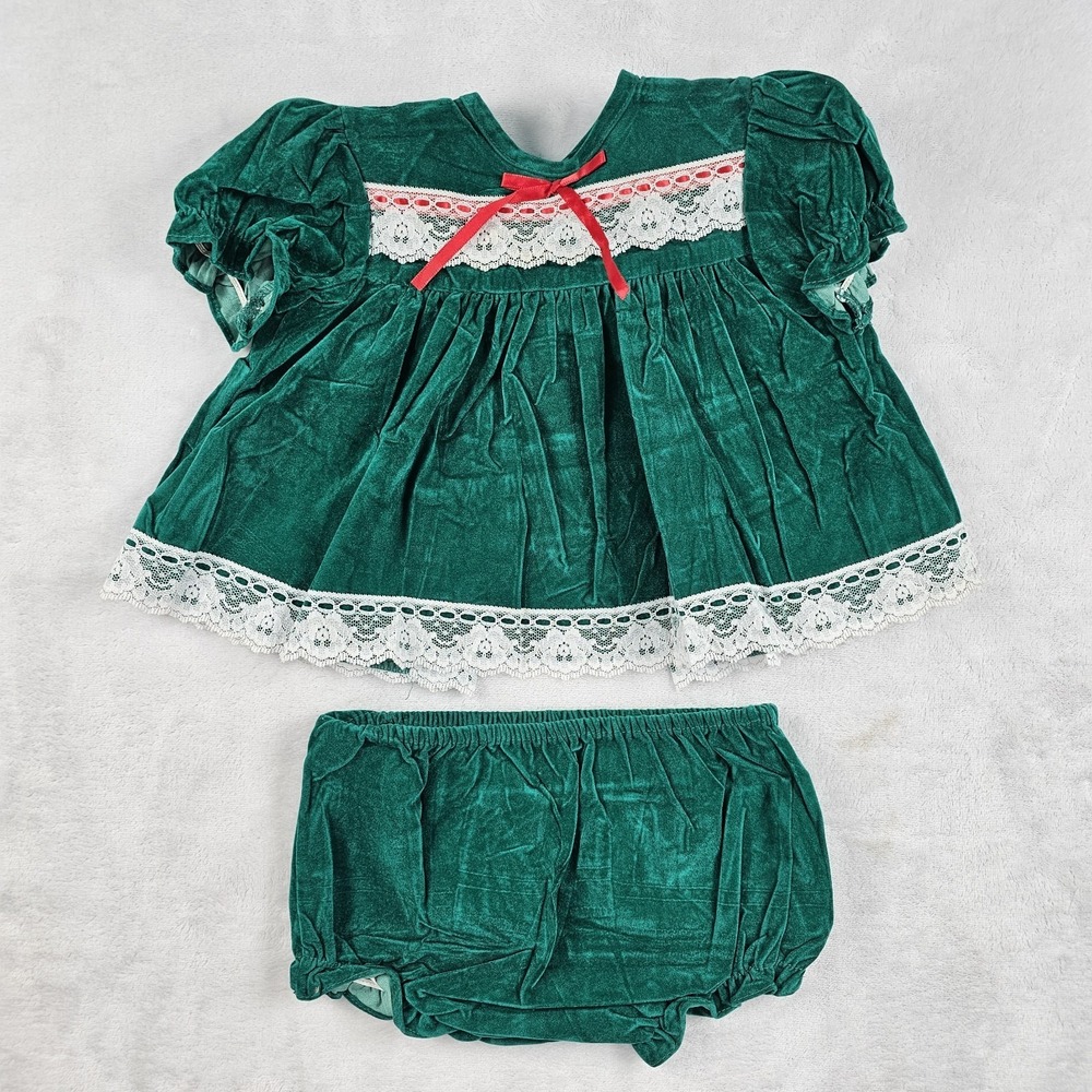 Vtg 90s Cutest One Velvet Lace Girls 2 Piece Dress & Bloomers 9 Months Green Red